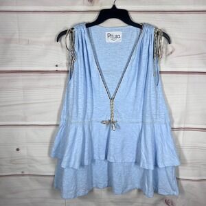 Pitusa Top Women Petite One Size Blue Tiered Ruffle V-Neck Sleeveless Slub Knit